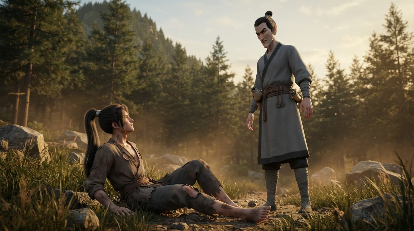 Bao Tie, a tall long-faced man in gray robes, stands sternly over the exhausted young Xiao Shan lying on the ground