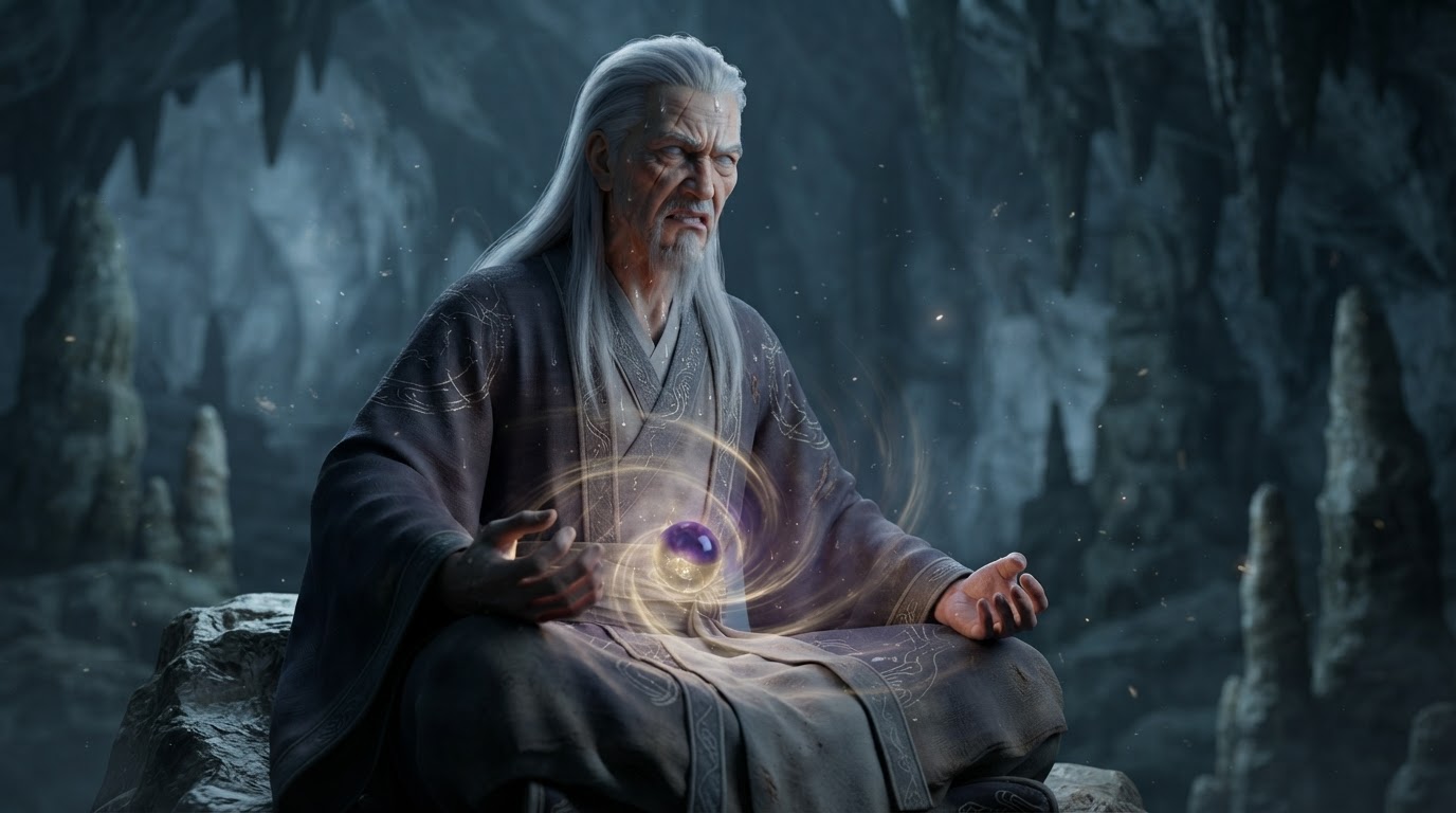 The straining, sweating cultivator as a purple-tinted core forms in his lower dantian