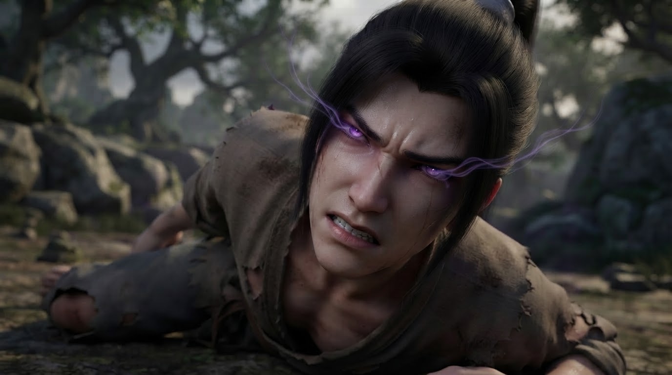 Extreme close-up of Xiao Shan on the ground, face caught between pain and anger, purple mist curling from his glowing eyes