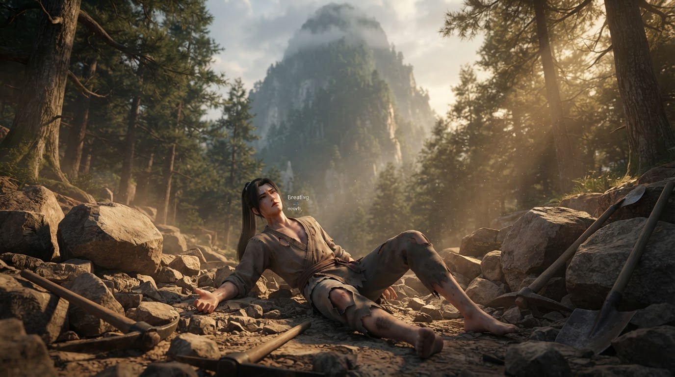 A young man in ragged clothes collapsed exhausted at the base of Heavenly Path Mountain, boulders scattered around him