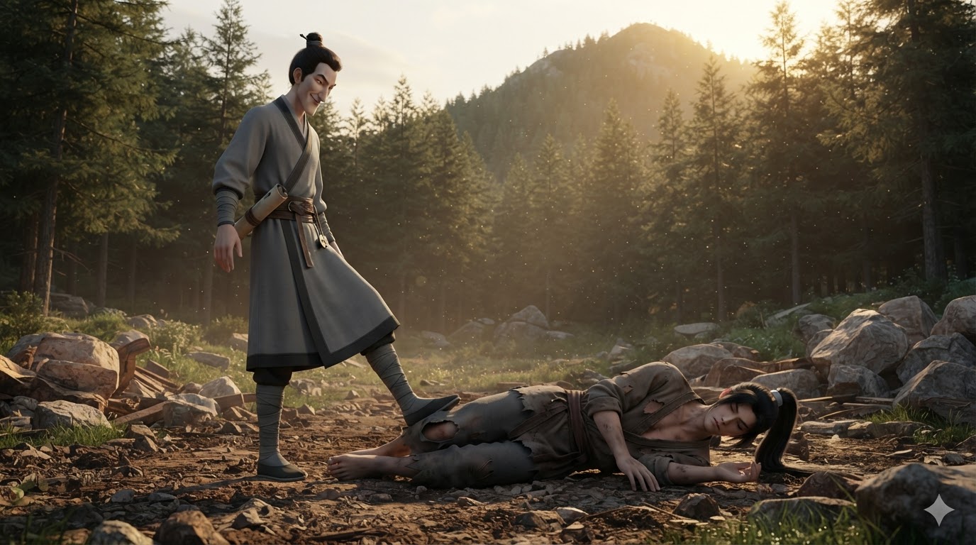 Bao Tie mockingly nudging the exhausted, sleeping Xiao Shan awake with his foot in the freshly cleared morning clearing